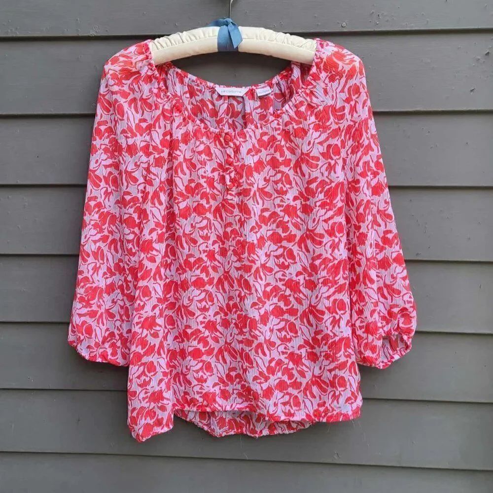 Liz Claiborne Red White Sheer Peasant Top size Large